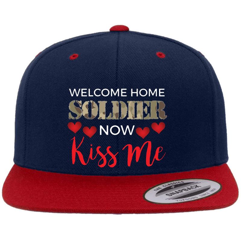 Welcome Home Soldier Now Kiss Me! Deployment Premium Flat Bill Snapback Cap  Navy