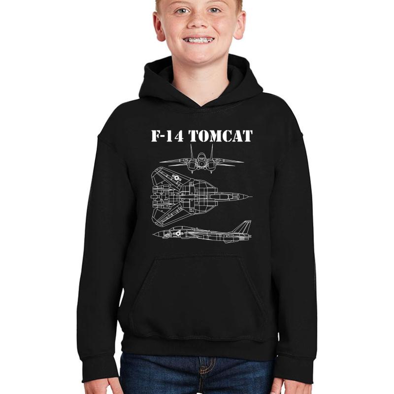 Vintage White F14 Tomcat Airplane Schematic F-14 Jet Shirt Gear Youth Hooded Sweatshirt Boy Black